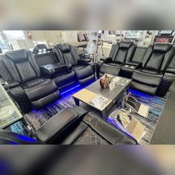 Black Breathing Leather 2-Piece Living Room power Recliner Sofa
