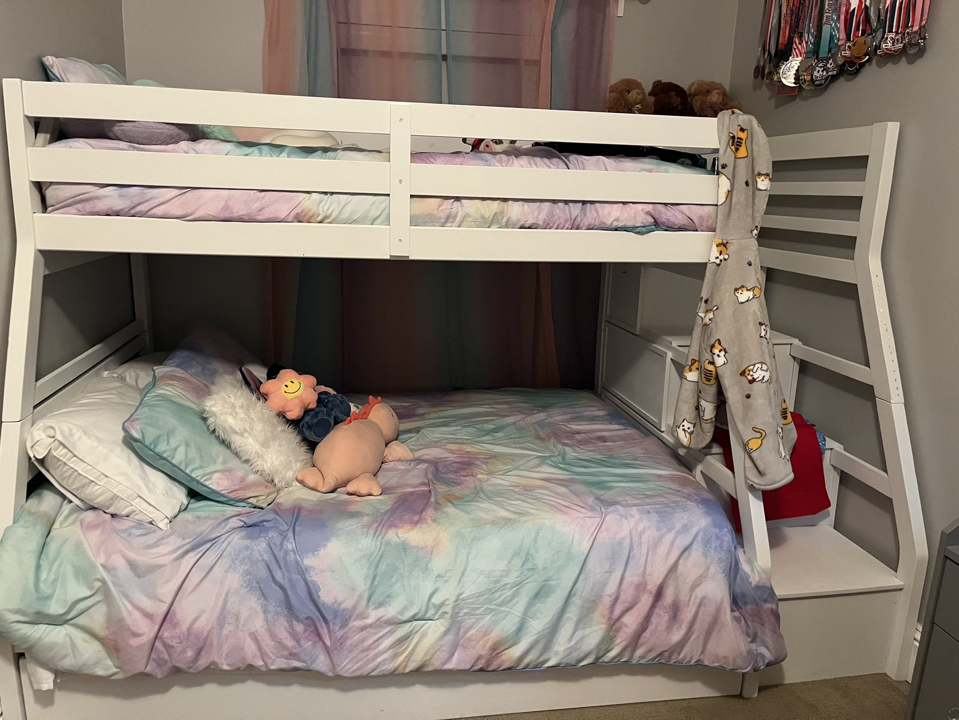 Wooden White Bunk Bed with Trundle & Stairs – Sturdy & Stylish
