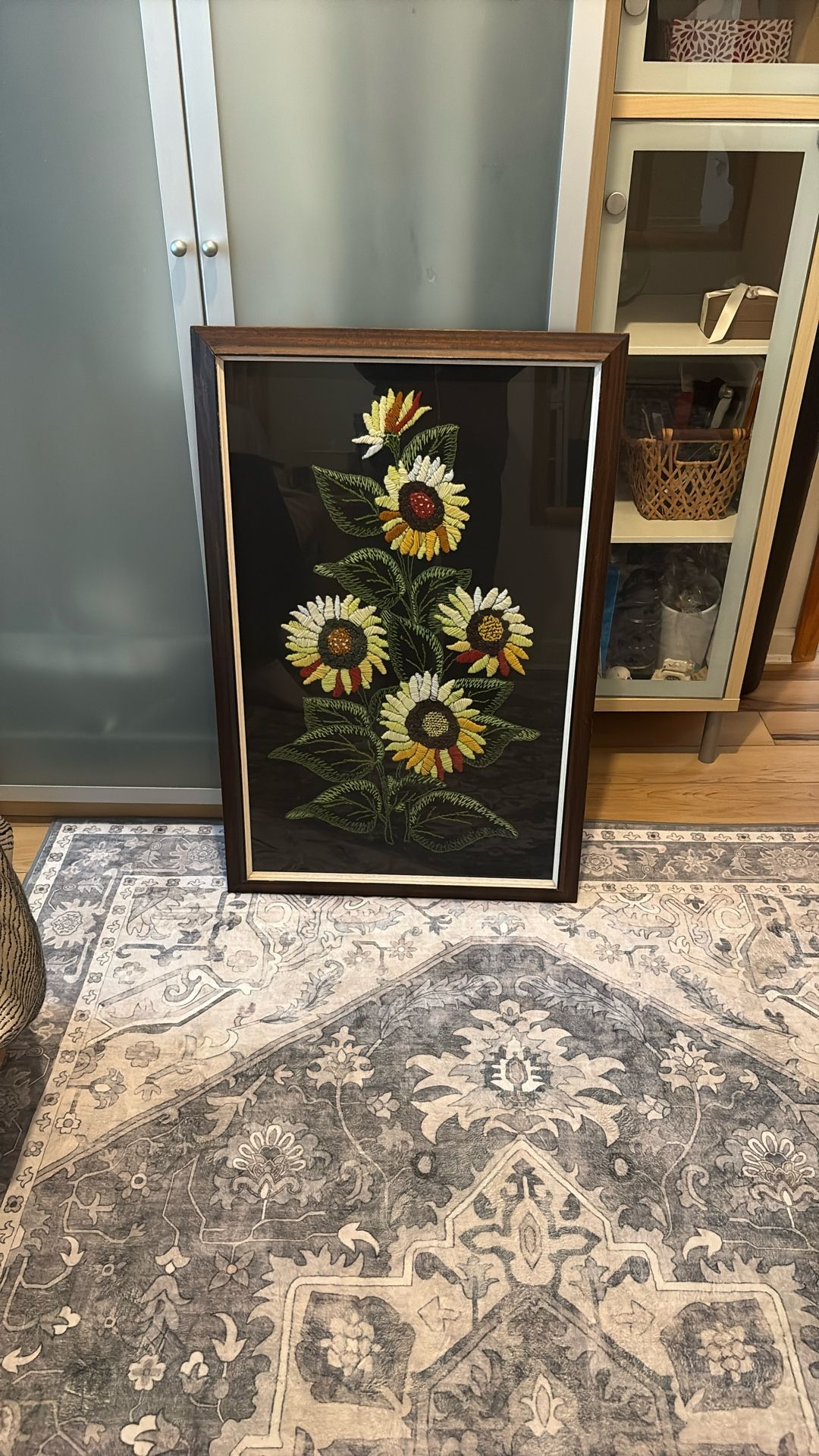Vintage Sunflower Floral Art Hand Made – Large Framed Textile/Embroidery on Black Background