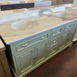 67 in. Double Sink Bathroom Vanity with Quartz stone top in Mint Green