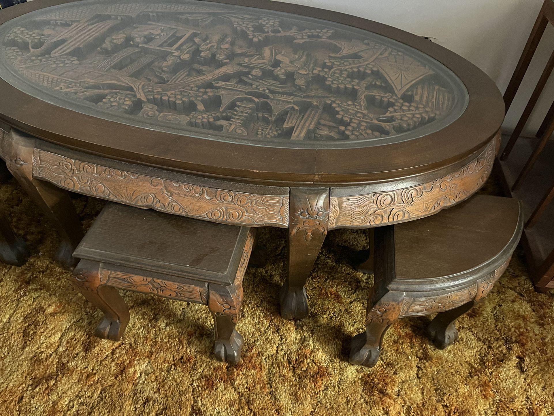 Vintage Chinese Carved Coffee Table with 6 Nesting Stools