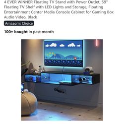 Floating TV Stand with Power Outlet, 59" Floating TV Shelf with LED Lights and Storage