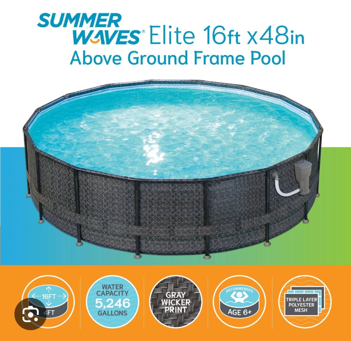 Summer Waves Elite 16ft x 48in Above Ground Frame Swimming Pool Set with Pump