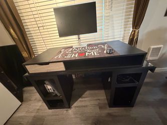 Large Black Computer Desk with Storage & Shelves
