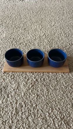 Blue Ceramic Cup Set with Wooden Tray