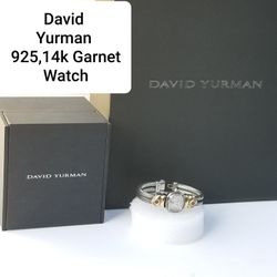 DAVID YURMAN Classic Cable Sterling 925 & 14K Yellow Gold Garnet MOP Dial Watch