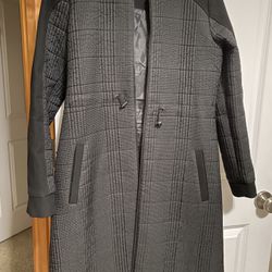 Women Grey Quilted Long Coat With A Faux Fur Trimmed Hood