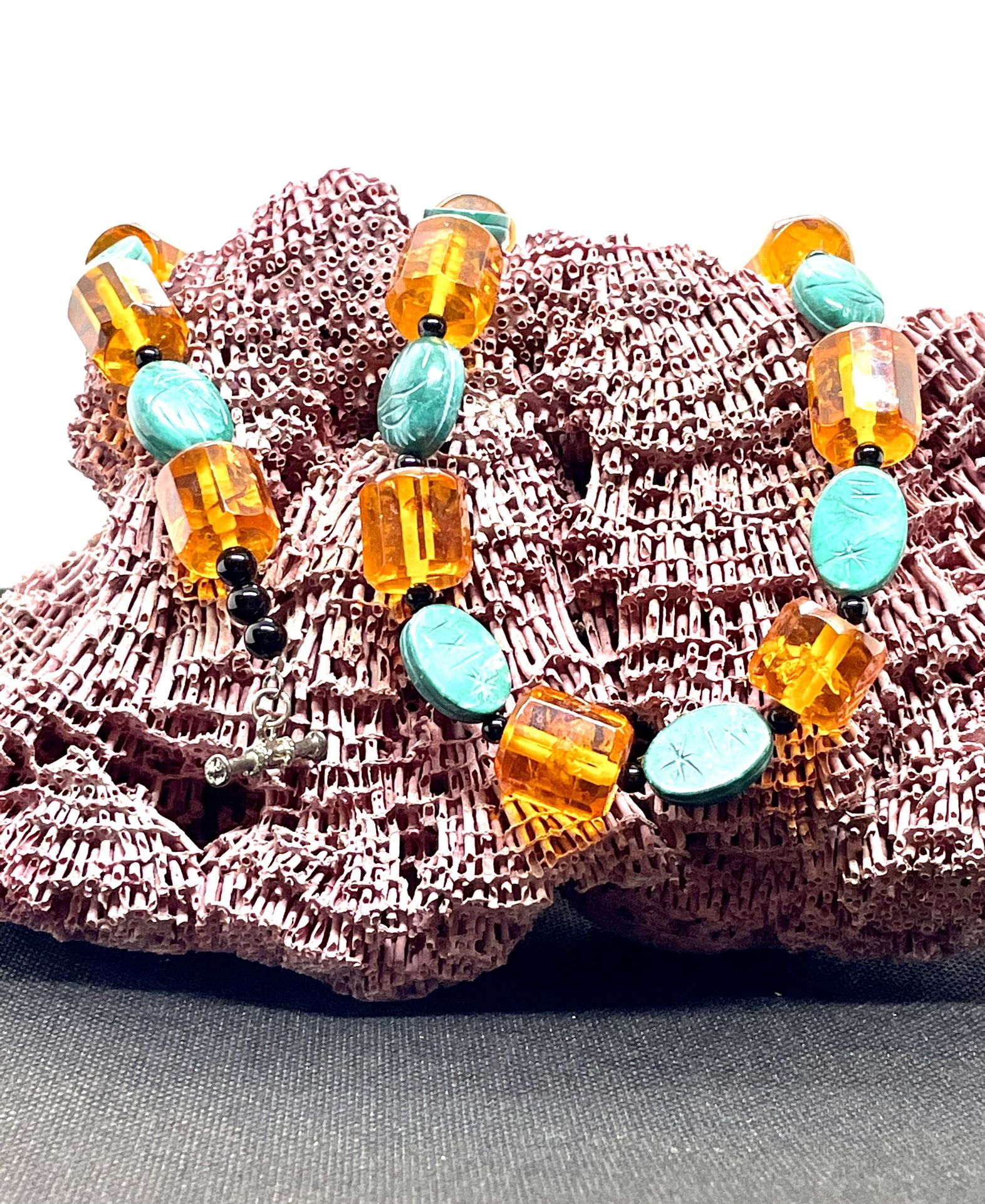 New Malachite Scarab & Amber Necklace