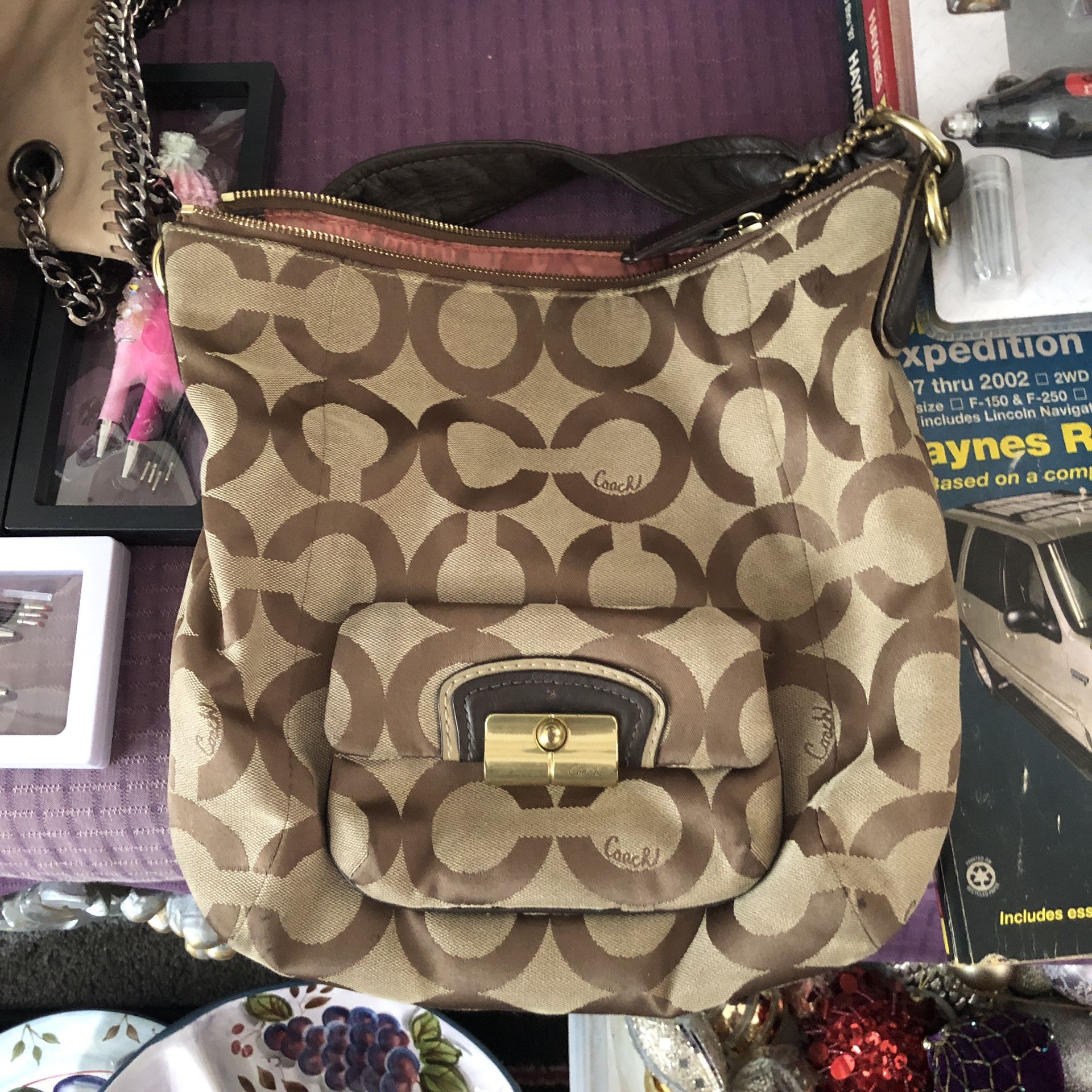 Coach Real Multi Pocket Brown Leather Zipper Purse