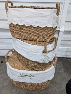 Bunny Williams for Ballard Designs Woven Baskets Set of 3 Laundry Hamper Storage with Scalloped Liners