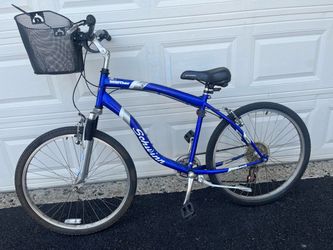 blue Schwinn Searcher 7-speed adult bicycle