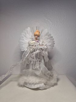 White Silver Angel Christmas Tree Topper Feather Wings Damaged No Power Cord