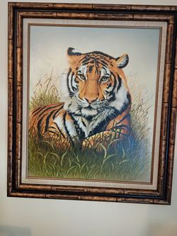 Framed Tiger Oil Painting on Canvas