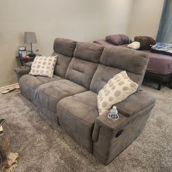 Gray Fabric Reclining Sofa with Cup Holders
