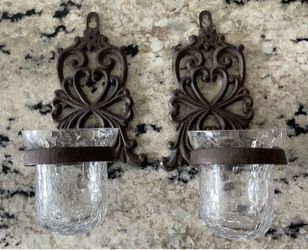 Vintage Florentine Black Iron Sconces – Ornate Scrollwork, Crackle Glass Candle Holders Pair (x2)
