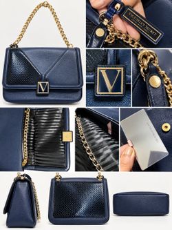 Victoria’s Secret Navy Blue V-Quilted Snakeskin-Effect Chain Shoulder Bag