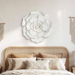 HAVEN CREST 24 Inch 3D Metal Flower Wall Art White Gold Decor 24 Inch 3D metal flower wall art, gold-rimmed white petals, 100% iron, glossy enamel, li