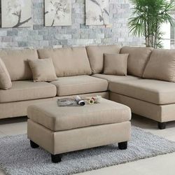 sectional sofa with ottoman and pillows set beige tan saddle cream color 104x75, reversible chaise side NEW