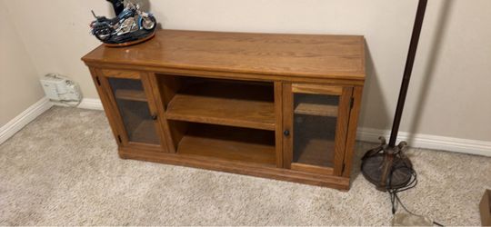 Oak Wood TV Stand with Glass Cabinet Doors