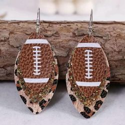 🏈 New! Layered Leopard Glitter PU Leather Football Dangle Earrings