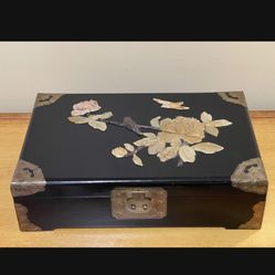 Vintage Black Lacquer Jade Floral Jewelry Box