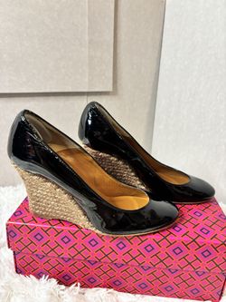 LANVIN  Paris Black Patent Leather Woven Straw Wedge Women's Size EU 35/US 5 