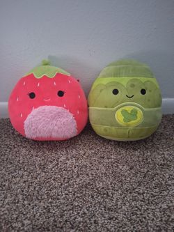 Squishmallow, stuffed animal, toys, kids, strawberry and pickle.