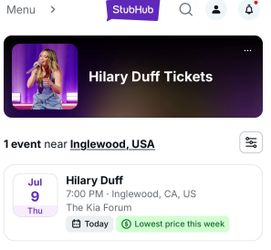 Hilary Duff concert ticket for tonight