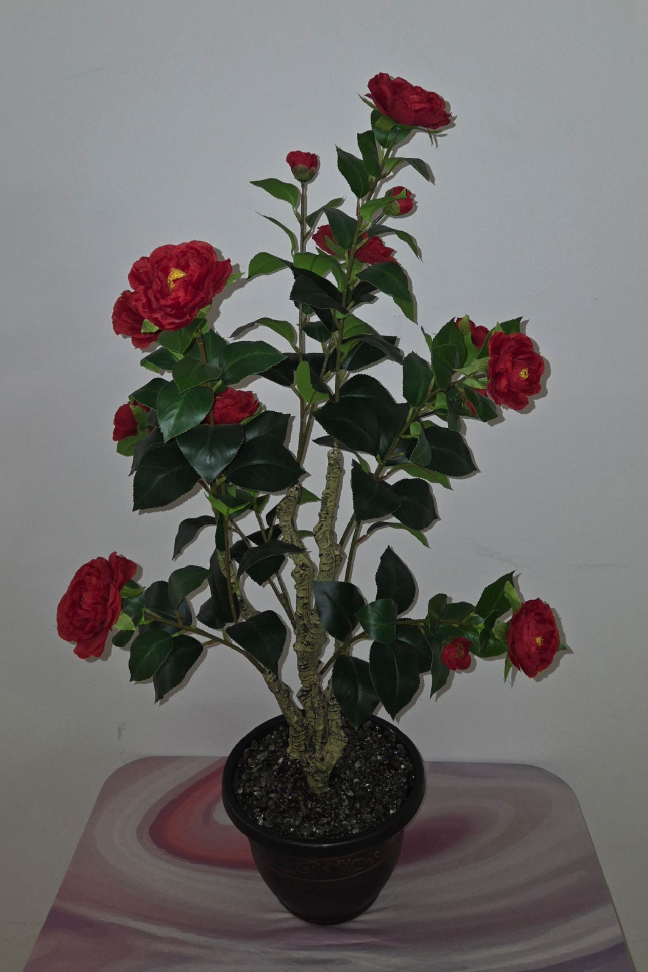 38" Faux Red Camellia Tree Topped With Labradorite Stones in Resin Planter @ Lasting Creations