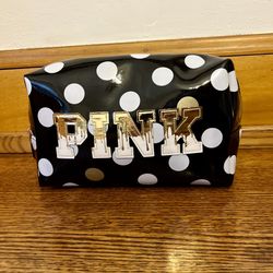 Victoria’s Secret Pink Cosmetic Bag - black with gold and white polka dots NWOT