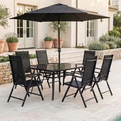 8-Piece Outdoor Patio Dining Set with Tilting Umbrella, Glass Table, & Folding Chairs