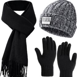 Winter Hat Beanie Long Scarf Touchscreen Gloves Set