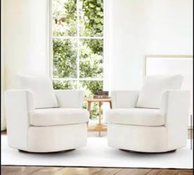 Set Of 2 360° Beige Modern Swivel Barrel Chair Chenille Upholstered Comfy Accent Armchair with Tall Ba