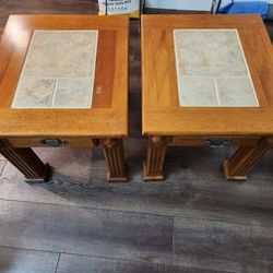 nightstand - 2 pcs
tile-inlay, wood base
1 small drawer included
sturdy
24x28x23H"
2 pcs $20

P.S: 1 leg was bitten by dog
(see the picture)