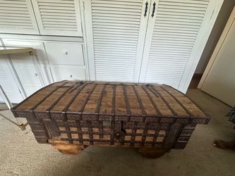 Large Vintage Iron-Bound Wood Trunk / Dowry Chest – 47" Rustic Storage Chest