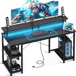55 inch Computer Desk with Power Outlets & LED Lights, Gaming Desk with Monitor Stand & Storage Sheves, Home Office Desk, Carbon Fiber Blac