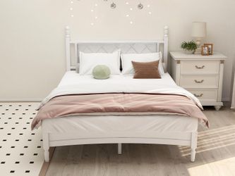 Full Bed Frame with Fabric Upholstered Headboard, Solid Rubber Wood Central Supports, Rustic Oak/White 