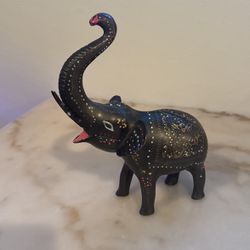Solid Brass Black Elephant Figurine Statue Trunk Up Gold Art Carved Paint Figure