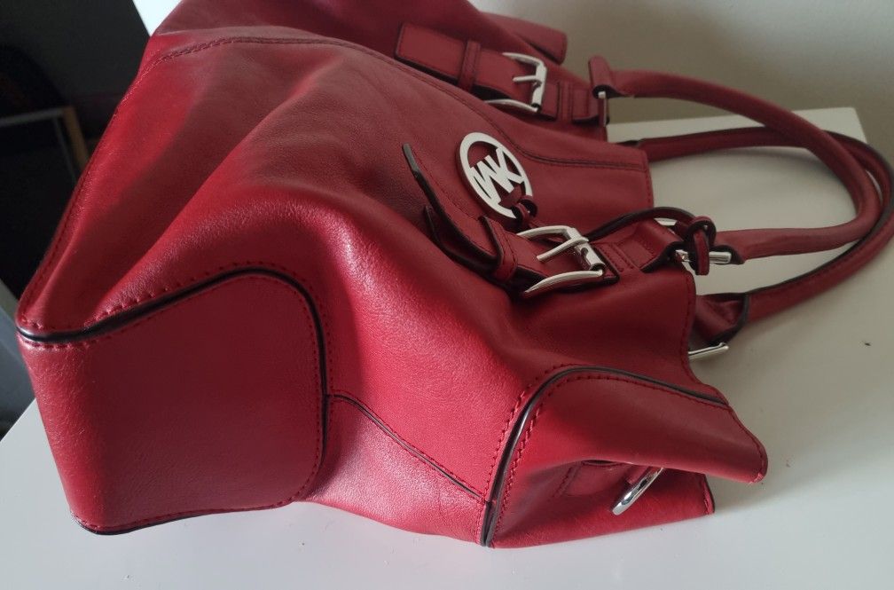 Michael Kors Brookville Red Leather Drawstring Satchel Tote Bag
