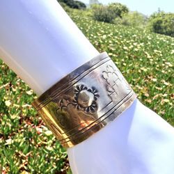 Vintage Handcrafted Brass Cuff Bracelet Signed HK Southwestern Sun Landscape  Wide statement cuff with a beautifully etched Southwestern scene featuri