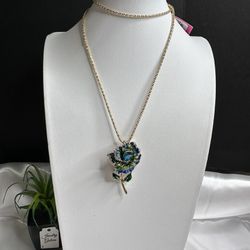 Betsey Johnson Green Blue Enamel Gemstone Pendant Brooch Necklace