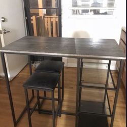 CB2 COUNTER HEIGHT KITCHEN ISLAND TALL DESK BLACK GRAY WOOD GLASS SHELVES TWO STOOLS 