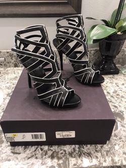 Brian Atwood black and white sandal heel size 7