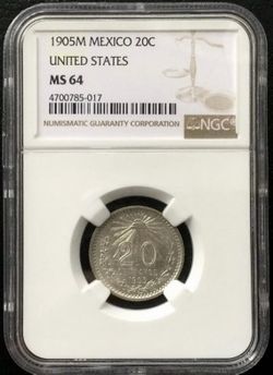 1905 México 20 Centavos Silver Cap & Rays NGC MS 64