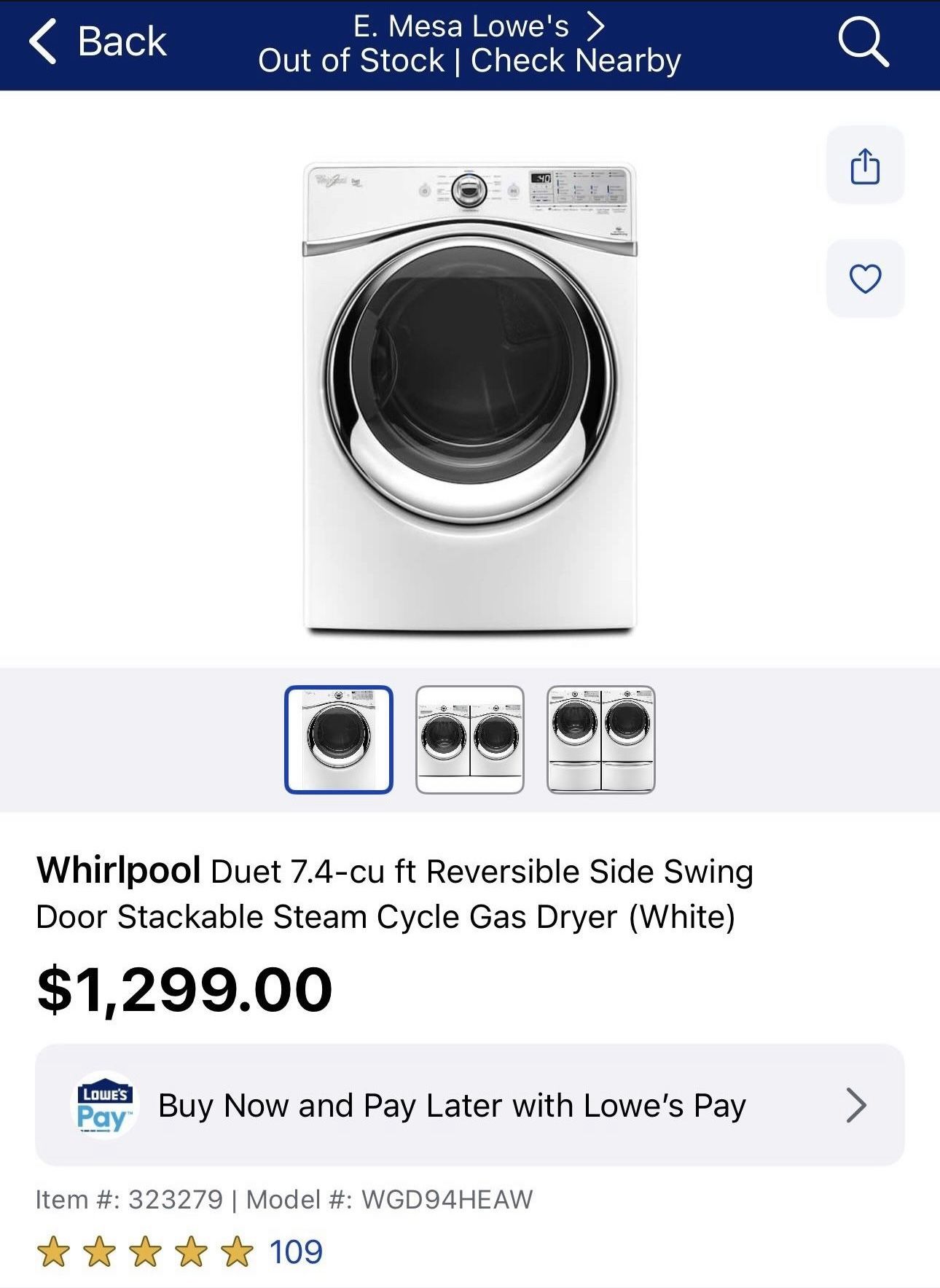 NIB- Whirlpool Duet 7.4-cu ft Reversible Side Swing Door Stackable Steam Cycle Gas Dryer (White)