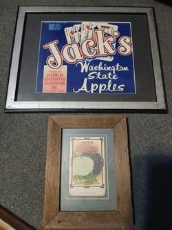 Vintage Farmers Collectibles Jacks Washington Apples Bushell Crate Picture and over 100 year old Seed Package