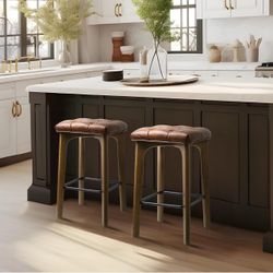 Bar Stools Set of 2, 24in Backless Counter Height Bar Stools, Modern Breathable Faux Leather Upholstered Bar Chairs with Footrest, Stools for Kitchen 