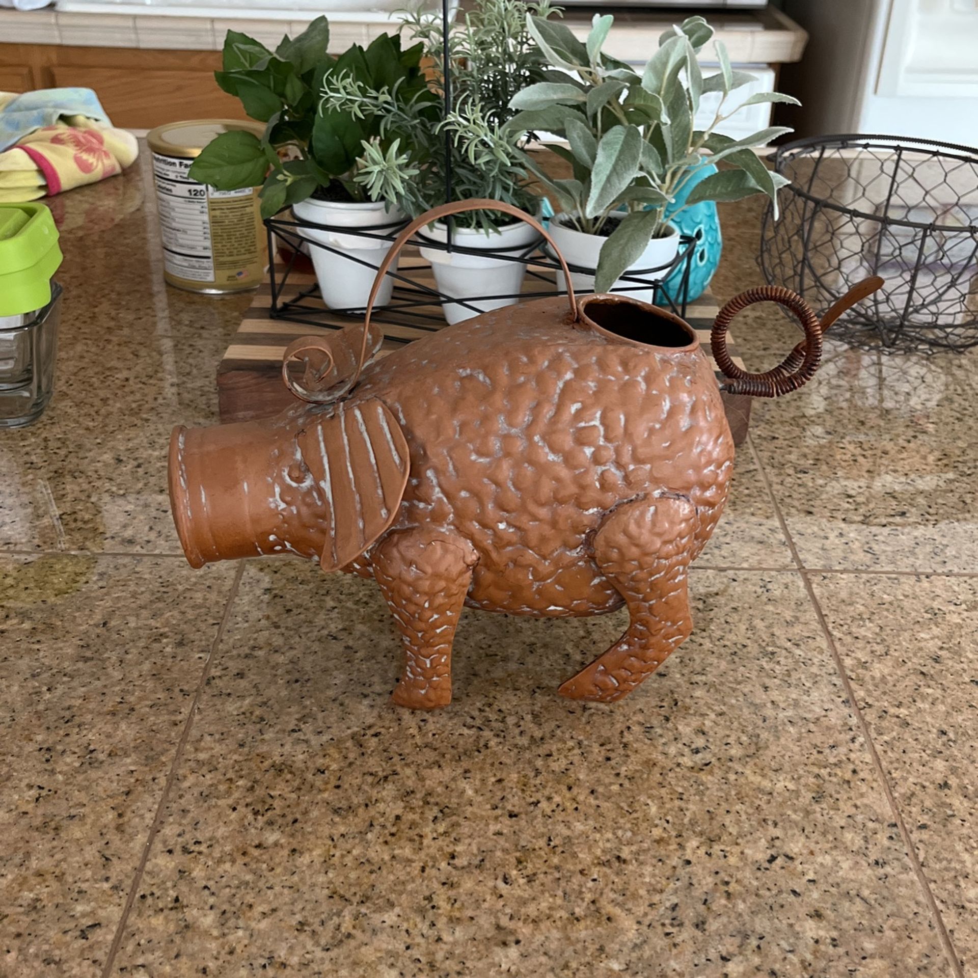 Metal Pig Watering Can - Folk Art