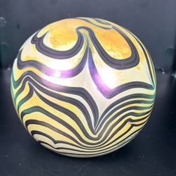 Vintage Carnival Iridescent Art Glass Paperweight Artist Signed SLATER; 3”wide