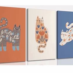Set Of Three Boho Cat Wall Art Canvas Ready To Hang